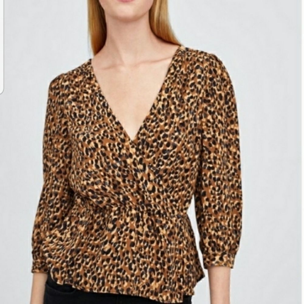 Zara Trfleopard Print Faux Wrap Blouse Sz.S